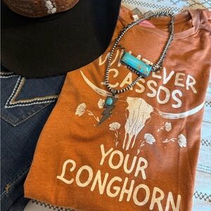 Rust Orange Graphic Tee with Western Design